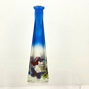 Joan Baker Designs Vtg Cobalt Art Stained Glass Bud Vase Butterflies Faith Hope